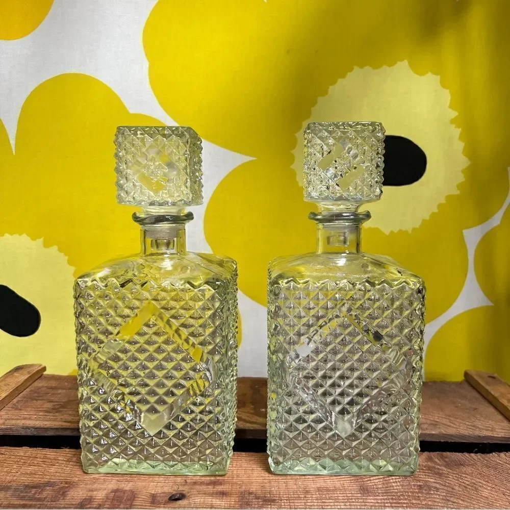 Pair of Two Vintage 1960s Diamond Accented Glass Decanters